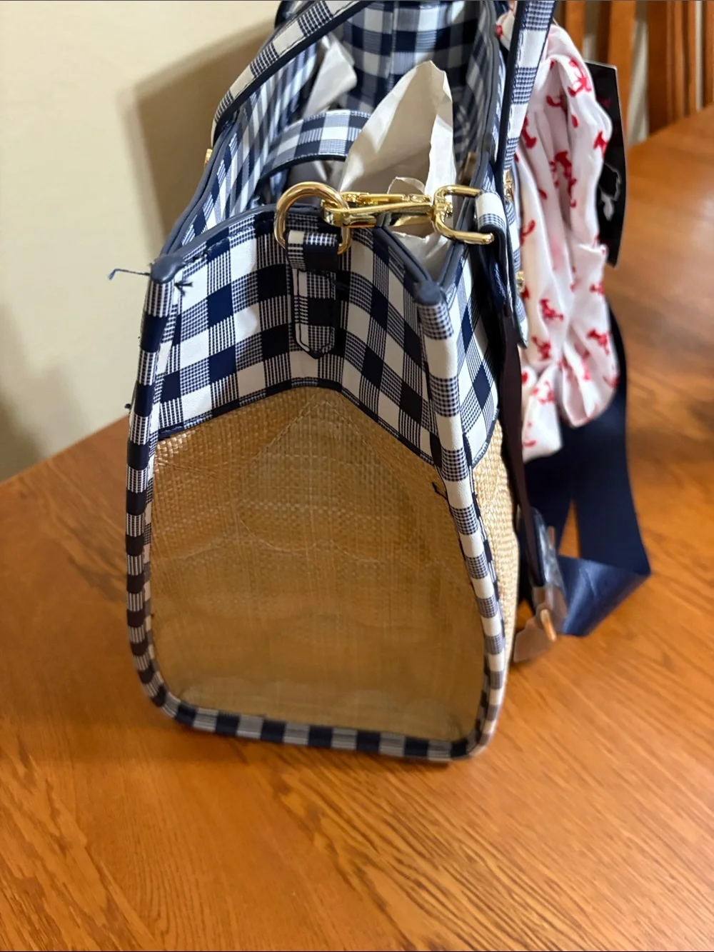 Betsey Johnson Navy & Natural Gingham-Accent Tote Bag with Scarf- NWT